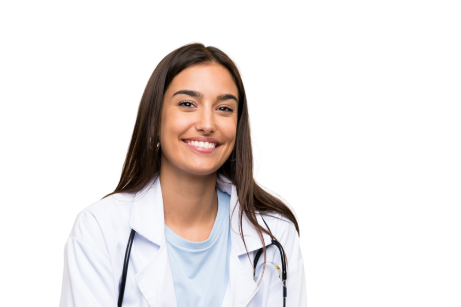 Apprentie en blouse blanche, stéthoscope autour du cou
